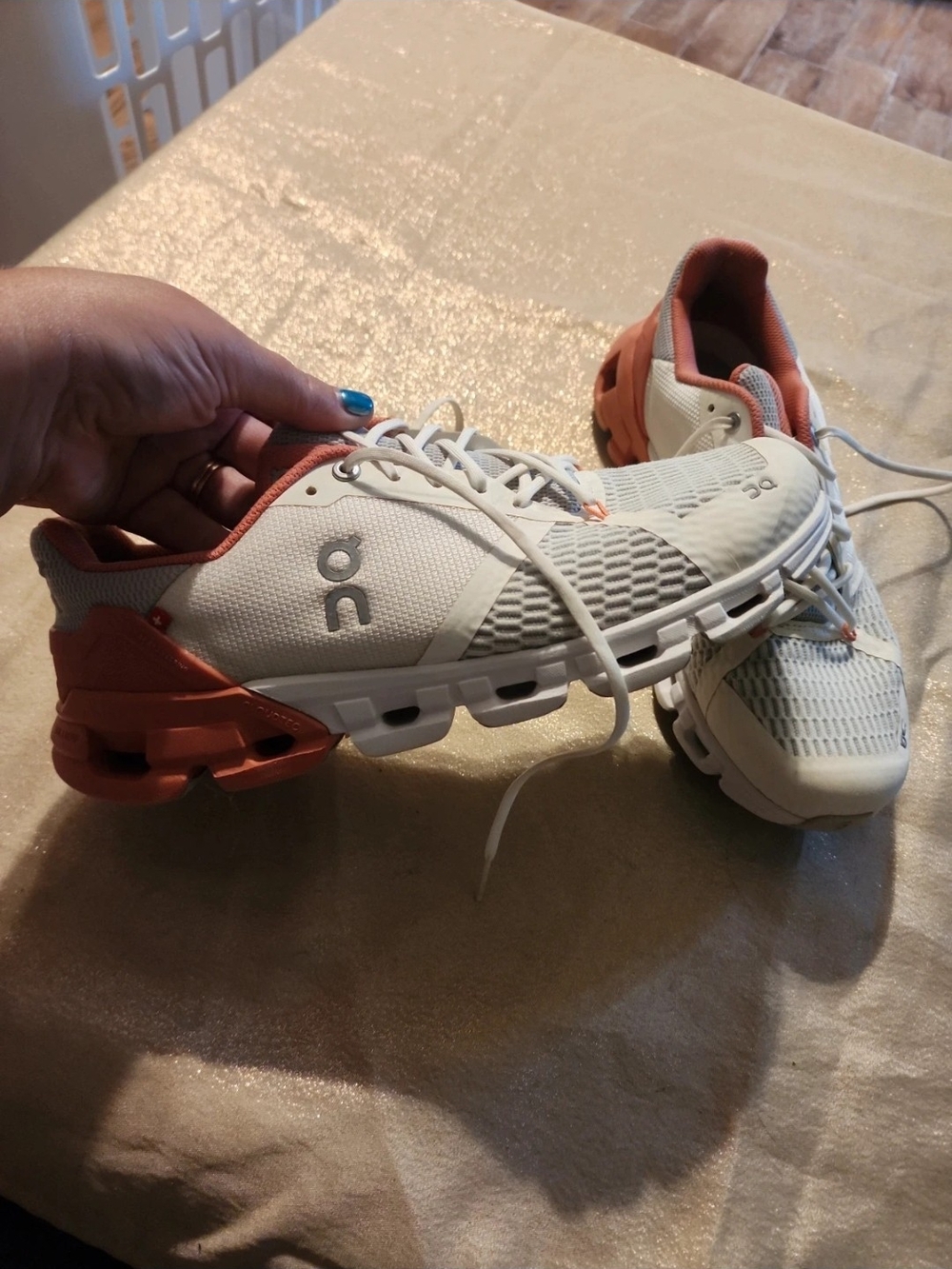 On Running Women's White Sneakers with Coral Accents - Picture 2 of 6